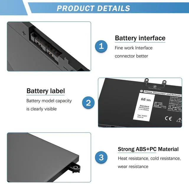 Alt view image 2 of 5 - YUERYE 3HWPP Laptop Battery Compatible with Dell Latitude 5410 5510 5501 5401 5411 5511 Precision 3541 3551 Inspiron 7706 2-in-1,17 7500 7506 2-in-1 Black10X1J N2NLL 1VY7F 451-BCMN [15.2V 68Wh]