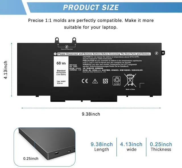Alt view image 3 of 5 - YUERYE 3HWPP Laptop Battery Compatible with Dell Latitude 5410 5510 5501 5401 5411 5511 Precision 3541 3551 Inspiron 7706 2-in-1,17 7500 7506 2-in-1 Black10X1J N2NLL 1VY7F 451-BCMN [15.2V 68Wh]