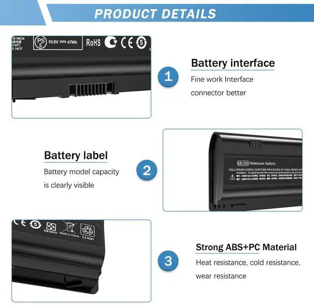 Alt view image 2 of 5 - YUERYE MU06 MU09 Laptop Battery for HP Spare 593553-001 593554-001, HP Compaq Presario CQ32 CQ42 CQ43 435 436, Pavilion DM4 G4 G6 G7 DV3-4000 DV5-2000 DV6-3000 DV7-6000