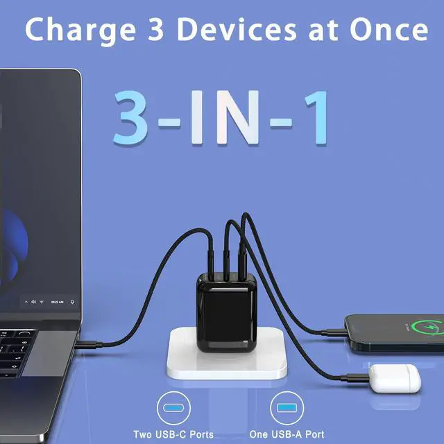 Alt view image 3 of 5 - 67W USB C Wall Charger, 3-Port GaN Fast Charger Block,Replacement for MacBook Pro/Air, iPad, iPhone 15/14/Pro, Galaxy, Pixel, Apple Watch and More