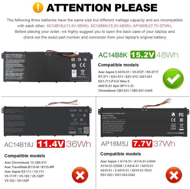 Alt view image 2 of 5 - AC14B8K Laptop Battery for Acer Aspire R3-131T R5-471T R5-571T R5-571TG E3-111 E3-112 ES1-511 ES1-512 ES1-531 ES1-520 ES1-111M R7-371T R7-372T V3-111 fits KT.0040G.004, KT0030G.004, 3ICP5/57/80