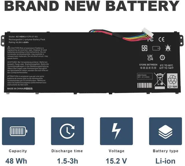 Alt view image 5 of 5 - AC14B8K Laptop Battery for Acer Aspire R3-131T R5-471T R5-571T R5-571TG E3-111 E3-112 ES1-511 ES1-512 ES1-531 ES1-520 ES1-111M R7-371T R7-372T V3-111 fits KT.0040G.004, KT0030G.004, 3ICP5/57/80