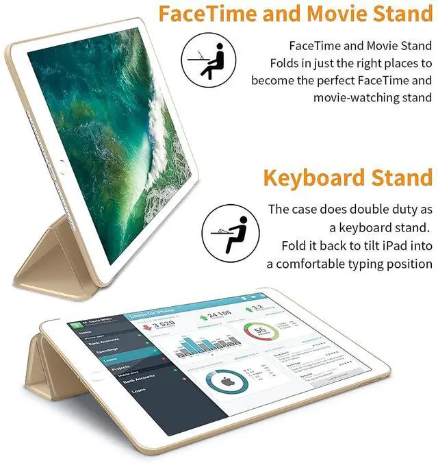 Alt view image 4 of 5 - DuraSafe Cases for iPad Air 1 Air 2 9.7 inch 5 6 [ 5th 6th Air 1st 2nd ] A1893 A1822 A1566 MD785LL/A MD788LL/A MD786LL/A MD789LL/A Smart Trifold Lightweight Soft Silicone TPU Back Case - Gold