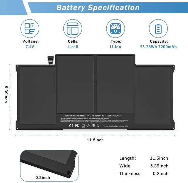 Alt view image 3 of 5 - YUERYE A1466 Battery for MacBook Air 13 inch A1466(Mid 2012, Mid 2013, Early 2014, Early 2015,2017) A1369(Late 2010, Mid 2011 Version) High Performance 7200mAh fits A1496 A1405 A1377 [Upgraded 3.0]