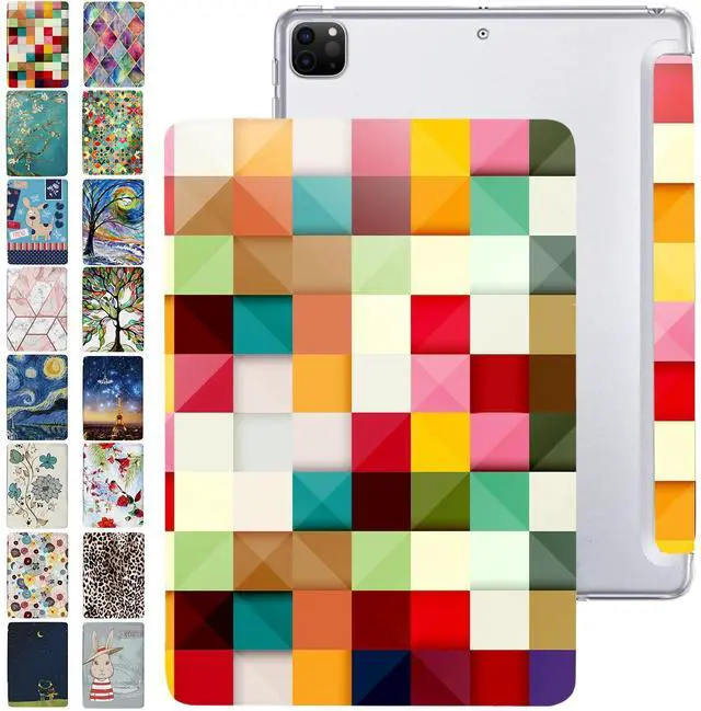 Main image of DuraSafe Cases for iPad PRO 12.9 Inch 4th [ Pro 12.9 4 Generation 2020 ] A2229 A2069 MY3K2LL/A MY3J2LL/A MY2H2LL/A MY2J2LL/A Trifold Printed PC Lightweight Protective Clear Back Cover - Color Grid