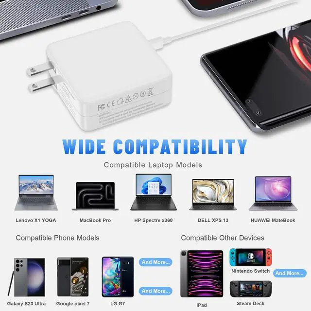 Alt view image 5 of 5 - 96W for MacBook Charger USB C Replacement for MacBook M1 Air Pro USB-C Laptop Charger Mac Book 13 14 15 16 inch, 2024 2023 2022 2021 2020, M2 M3 - Type C AC Adapter Block Computer USBC Cable 6FT