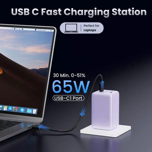 Alt view image 4 of 5 - 130W USB C Charger Block,GaN 3-Port Compact Wall Charger,Foldable Fast Charging Station,PD 65W USB C Laptop Charging for MacBook Pro/Air, Dell XPS, iPhone 16/15/14/13,iPad Pro,Galaxy S24 (Purple)