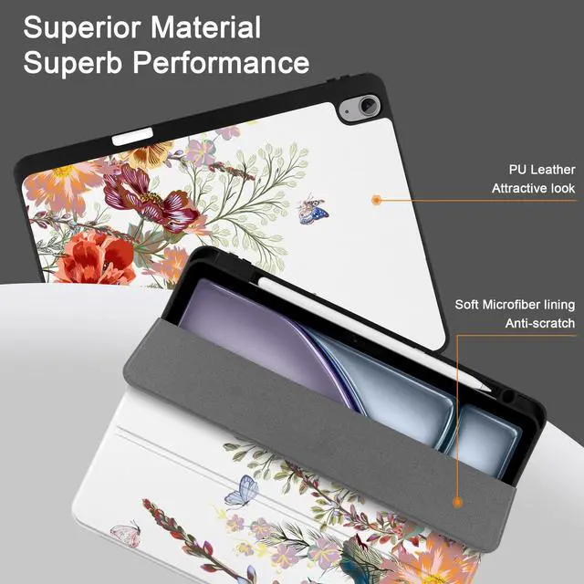 Alt view image 2 of 5 - DONGKE for iPad Air 13 Inch Case M3 2025, M2 2024 - [Built-in Pencil Holder] Slim Trifold Stand Shockproof Protective Cover with Soft TPU Back Support Auto Sleep/Wake - Floral