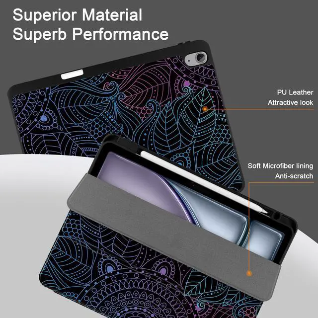 Alt view image 2 of 5 - DONGKE for iPad Air 13 Inch Case M3 2025, M2 2024 - [Built-in Pencil Holder] Slim Trifold Stand Shockproof Protective Cover with Soft TPU Back Support Auto Sleep/Wake - Mandala