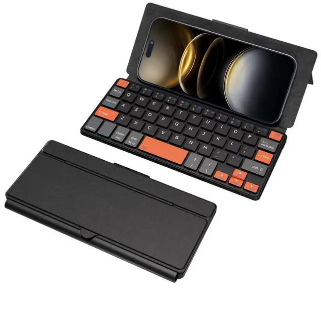 Main image of Doohoeek Universal Bluetooth Mini Keyboard, Wireless Compact Keyboard with Orange Navigation Keys & Any-Angle Stand for Android/iOS/Windows, Dual-Device Keypad for Phones/Galaxy Z Fold/iPad mini