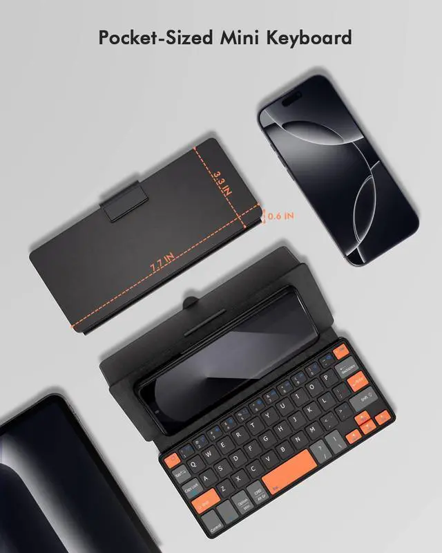 Alt view image 2 of 5 - Doohoeek Universal Bluetooth Mini Keyboard, Wireless Compact Keyboard with Orange Navigation Keys & Any-Angle Stand for Android/iOS/Windows, Dual-Device Keypad for Phones/Galaxy Z Fold/iPad mini