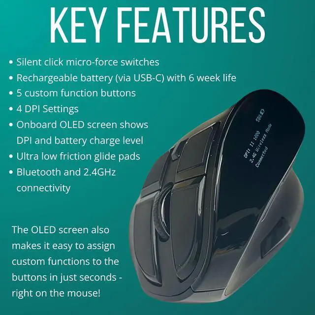 Alt view image 4 of 5 - Ergodriven Om Handshake Vertical Mouse | Wireless Ergonomic Mouse | Rechargeable | Silent Click Micro-Force Switches | OLED Screen | Reduces Tension and Fatigue | Compatible with PC and Mac