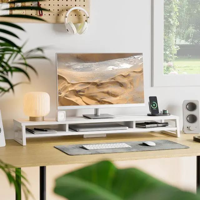 Alt view image 2 of 5 - Fenge Dual Monitor Stand for Desk, 42.5in Large Monitor Riser for 2 Monitors, 2 Tier Computer Office Desk Top Shelf, Desktop Storage Stand for Laptop, PC, Computer, Printer