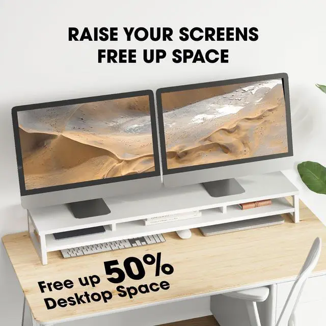 Alt view image 4 of 5 - Fenge Dual Monitor Stand for Desk, 42.5in Large Monitor Riser for 2 Monitors, 2 Tier Computer Office Desk Top Shelf, Desktop Storage Stand for Laptop, PC, Computer, Printer