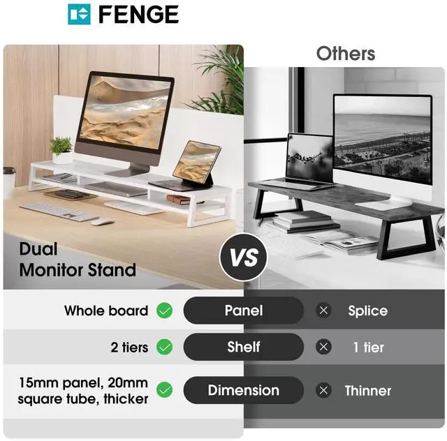 Alt view image 5 of 5 - Fenge Dual Monitor Stand for Desk, 42.5in Large Monitor Riser for 2 Monitors, 2 Tier Computer Office Desk Top Shelf, Desktop Storage Stand for Laptop, PC, Computer, Printer