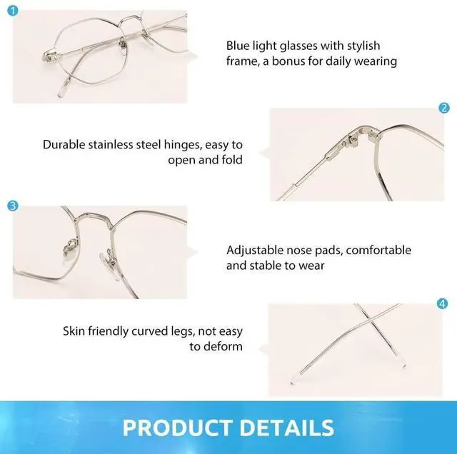 Alt view image 4 of 5 - Firmoo Polygon Blue Light Blocking Glasses for Woman Men, Silver Blue Light Filter Computer Glasses Reduce Eyestrain Headache Metal Glasses