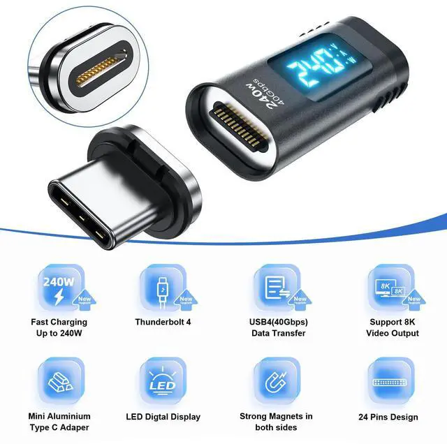 Alt view image 5 of 5 - DuHeSin Digital Display USB C Magnetic Adapter PD 240W 24Pin(2 Pack) with Voltage Current Power LED Display, Type C Power Meter Tester Straight USB4 40Gbps 8K 60Hz for Thunderbolt 3/4, MacBook Pro/Air