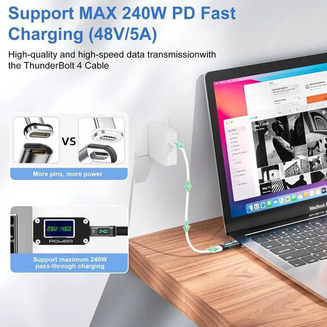 Alt view image 3 of 5 - DuHeSin Digital Display USB C Magnetic Adapter PD 240W 24Pin(2 Pack) with Voltage Current Power LED Display, Type C Power Meter Tester Straight USB4 40Gbps 8K 60Hz for Thunderbolt 3/4, MacBook Pro/Air