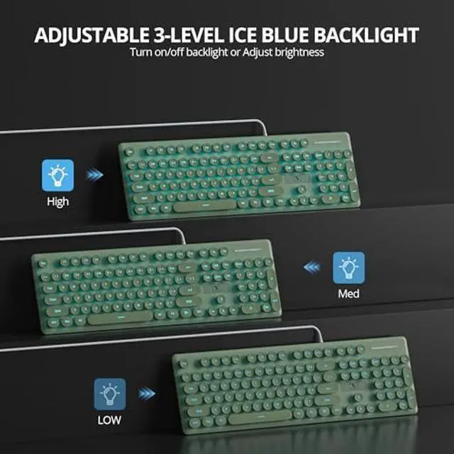 Alt view image 5 of 5 - Fogruaden Wired Retro Typewriter Keyboard, Quiet Full Size Membrane Keyboard Light Up, Dark Green Cute Computer Keyboards, 104 Round Keys, Blue LED Backlit, Slim, Silent for Windows PC, Laptop