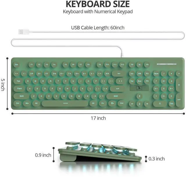 Alt view image 2 of 5 - Fogruaden Wired Retro Typewriter Keyboard, Quiet Full Size Membrane Keyboard Light Up, Dark Green Cute Computer Keyboards, 104 Round Keys, Blue LED Backlit, Slim, Silent for Windows PC, Laptop