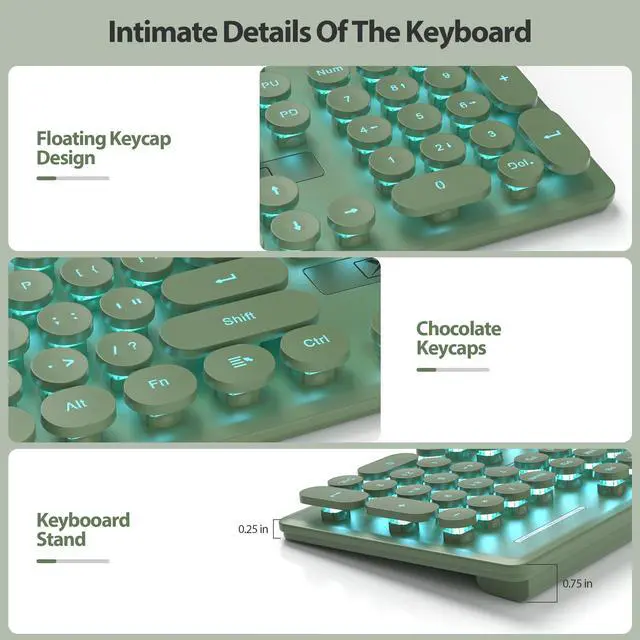 Alt view image 3 of 5 - Fogruaden Wired Retro Typewriter Keyboard, Quiet Full Size Membrane Keyboard Light Up, Dark Green Cute Computer Keyboards, 104 Round Keys, Blue LED Backlit, Slim, Silent for Windows PC, Laptop