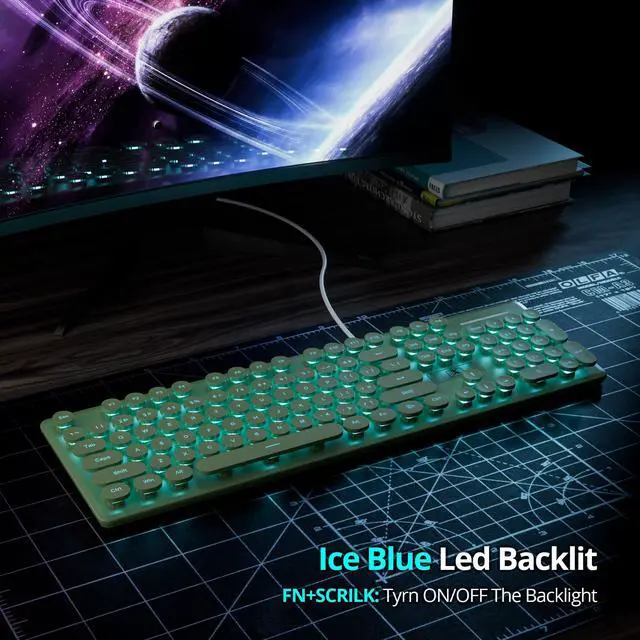 Alt view image 4 of 5 - Fogruaden Wired Retro Typewriter Keyboard, Quiet Full Size Membrane Keyboard Light Up, Dark Green Cute Computer Keyboards, 104 Round Keys, Blue LED Backlit, Slim, Silent for Windows PC, Laptop