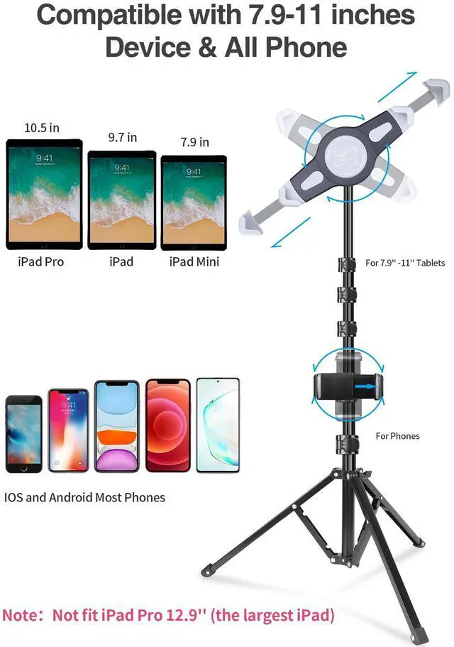 Alt view image 3 of 5 - elitehood Ipad Tripod Stand, Height Adjustable iPad Stand Holder & iPad Floor Stand with 360deg Rotating Mount for iPad Mini, iPad Air, iPad Pro and All 7.9-11.9 Inch Tablets