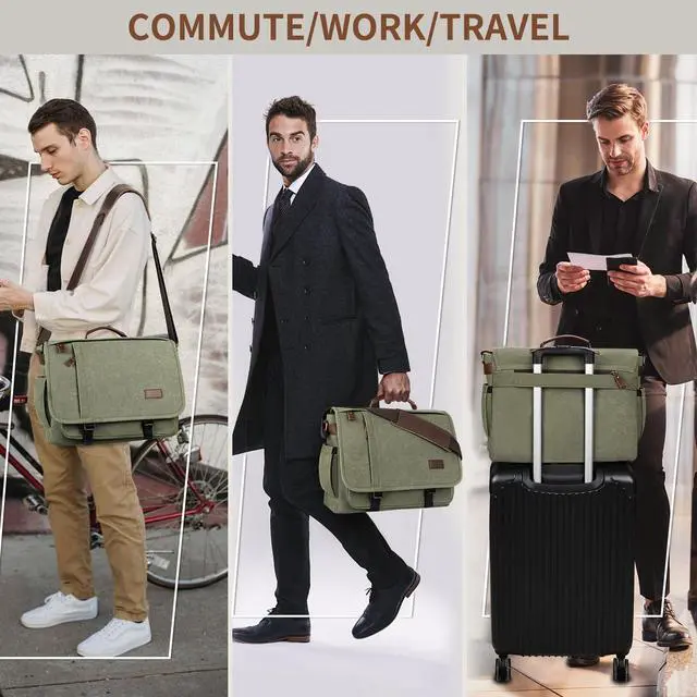 Alt view image 2 of 5 - ESTARER Men's Messenger Bag 17.3 Inch, Water-resistant Canvas Laptop Bag, Computer Shoulder Bag for College Travel Work, Army Green