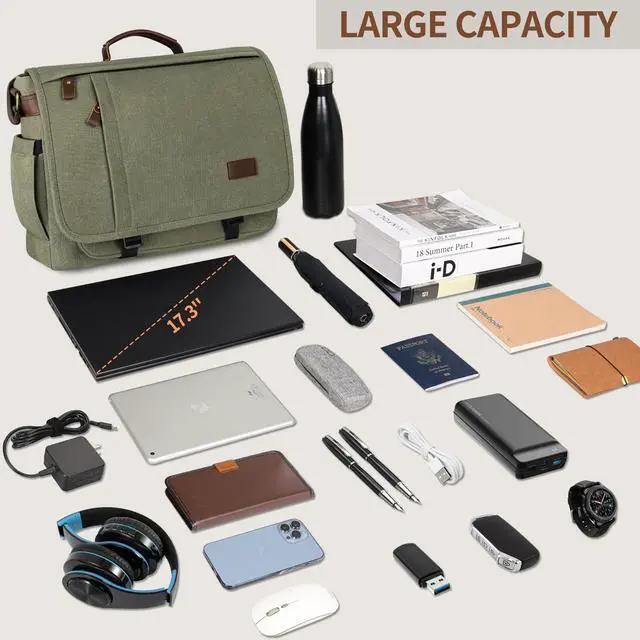 Alt view image 3 of 5 - ESTARER Men's Messenger Bag 17.3 Inch, Water-resistant Canvas Laptop Bag, Computer Shoulder Bag for College Travel Work, Army Green