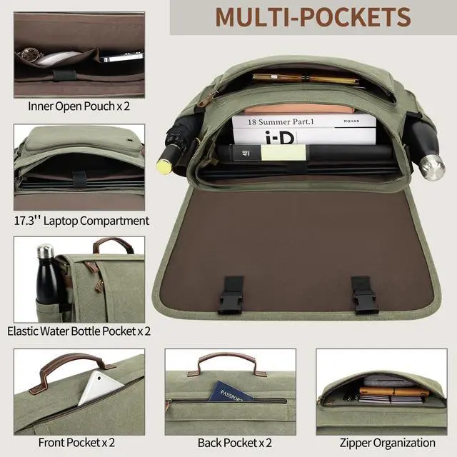 Alt view image 4 of 5 - ESTARER Men's Messenger Bag 17.3 Inch, Water-resistant Canvas Laptop Bag, Computer Shoulder Bag for College Travel Work, Army Green