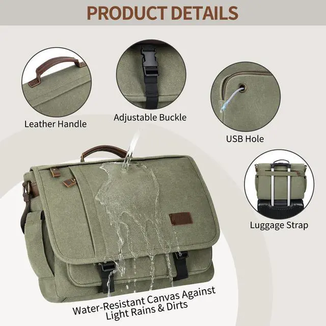 Alt view image 5 of 5 - ESTARER Men's Messenger Bag 17.3 Inch, Water-resistant Canvas Laptop Bag, Computer Shoulder Bag for College Travel Work, Army Green