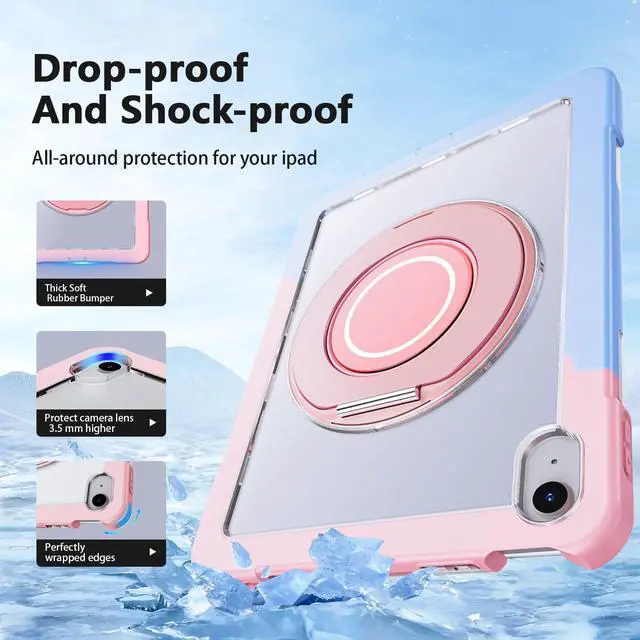 Alt view image 3 of 5 - GILLKIN Case for iPad (A16) 11th Generation 11 Inch 2025 iPad 10th Generation 10.9 Inch 2022 360 Rotating Metal Ring Stand Heavy Duty Shockproof Dropproof Case with Built-in Screen Protector,Blue-Pink