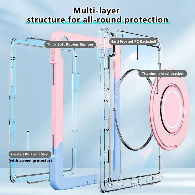Alt view image 4 of 5 - GILLKIN Case for iPad (A16) 11th Generation 11 Inch 2025 iPad 10th Generation 10.9 Inch 2022 360 Rotating Metal Ring Stand Heavy Duty Shockproof Dropproof Case with Built-in Screen Protector,Blue-Pink