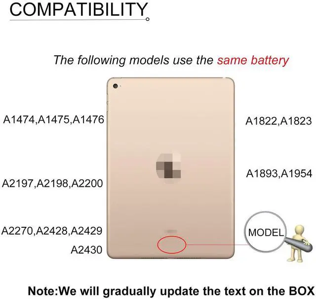 Alt view image 2 of 5 - A1484 Battery Replacement for iPad 5th 6th 7th 8th Generation (Model: A1474 A1475 A1476 A1822 A1823 A1893 A1954 A2197 A2198 A2200 A2270 A2428 A2429 A2430), for iPad 5 6 7 8 Air 1, not for Mini/Pro