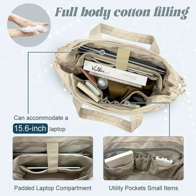 Alt view image 3 of 5 - Women Puffer Tote Bag for Work Quilted Puffy Handbag with Laptop Compartments Lightweight Shoulder Bag Casual Handbag with Pockets for Nurse Teacher School