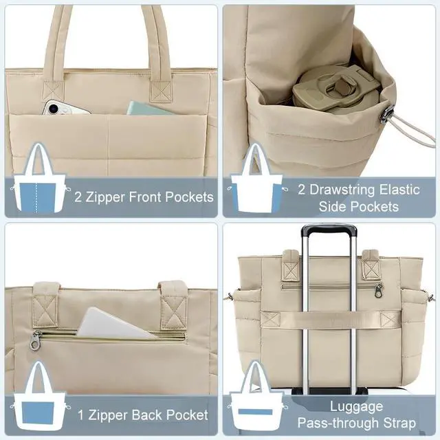 Alt view image 4 of 5 - Women Puffer Tote Bag for Work Quilted Puffy Handbag with Laptop Compartments Lightweight Shoulder Bag Casual Handbag with Pockets for Nurse Teacher School