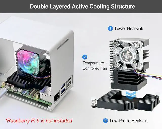 Alt view image 3 of 5 - ElectroCookie Raspberry Pi 5 Case, Aluminum Mini Tower Case with M.2 NVMe SSD PCIe HAT and Active RGB Lighting Cooler (Silver)