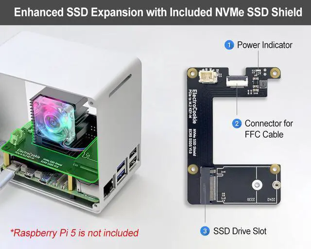 Alt view image 4 of 5 - ElectroCookie Raspberry Pi 5 Case, Aluminum Mini Tower Case with M.2 NVMe SSD PCIe HAT and Active RGB Lighting Cooler (Silver)