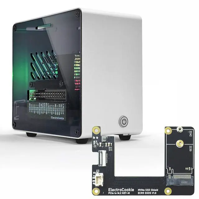 Main image of ElectroCookie Raspberry Pi 5 Case, Aluminum Mini Tower Case with M.2 NVMe SSD PCIe HAT and Active RGB Lighting Cooler (Silver)