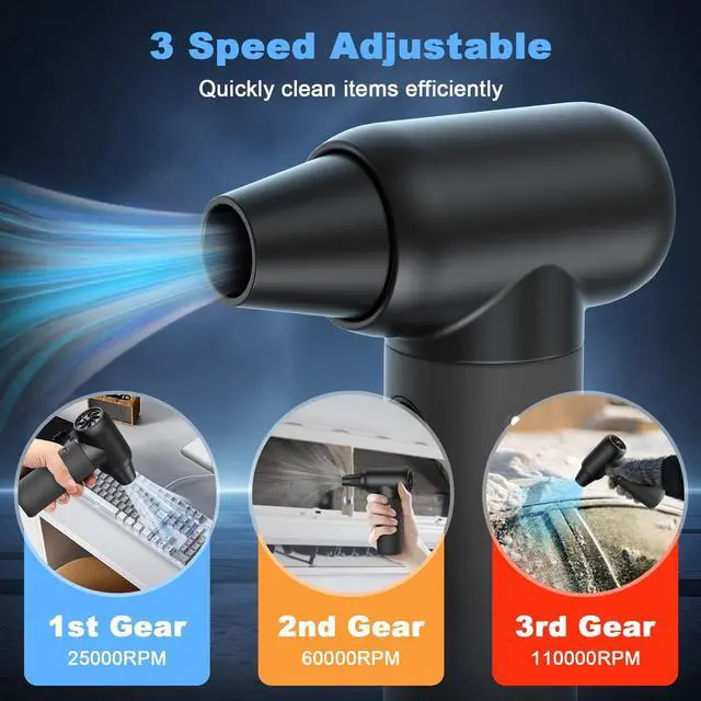 Alt view image 3 of 5 - Ekmoey Electric Air Duster, 110,000 RPM 3 Gear Adjustable Cordless Air Blower, 6000mAh Rechargeable Battery,Portable Dust Cleaner for Computer,Car Home & Outdoor,Replaces Compressed Air Cans