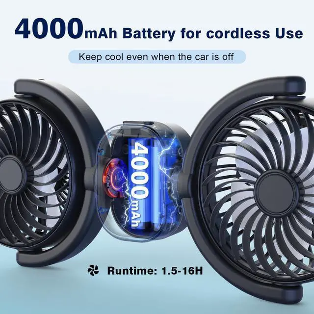 Alt view image 2 of 5 - Rechargeable Dual-Head Fan for Car: USB Cooling Backseat Fans for Baby with 360deg Rotatable 3-Speed Separate Controlled 16H Runtime 12V Auto Electric Air Ventilation Cooler For Vehicle SUV RV Trunk