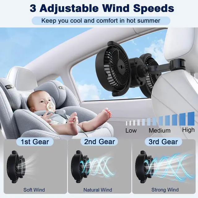 Alt view image 3 of 5 - Rechargeable Dual-Head Fan for Car: USB Cooling Backseat Fans for Baby with 360deg Rotatable 3-Speed Separate Controlled 16H Runtime 12V Auto Electric Air Ventilation Cooler For Vehicle SUV RV Trunk