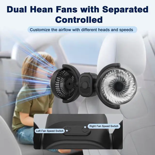 Alt view image 4 of 5 - Rechargeable Dual-Head Fan for Car: USB Cooling Backseat Fans for Baby with 360deg Rotatable 3-Speed Separate Controlled 16H Runtime 12V Auto Electric Air Ventilation Cooler For Vehicle SUV RV Trunk