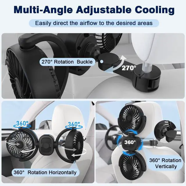 Alt view image 5 of 5 - Rechargeable Dual-Head Fan for Car: USB Cooling Backseat Fans for Baby with 360deg Rotatable 3-Speed Separate Controlled 16H Runtime 12V Auto Electric Air Ventilation Cooler For Vehicle SUV RV Trunk