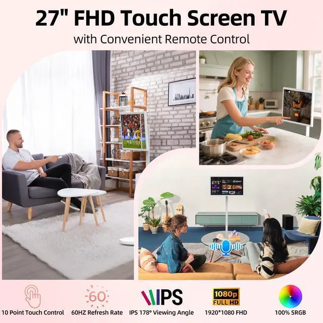 Alt view image 2 of 5 - Eseesmart 27-Inch Portable TV on Wheels, 1080P Portable Monitor Touchscreen, 8G RAM+128G Storage, 8-core CPU Qualcomm, Built-in Battery- Last for 8-10H, 13MP HD Build-in Camera, Android 13 OS