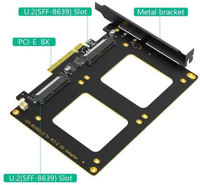 Alt view image 2 of 5 - Dual U.2 SSD to PCIe 4.0 X8 Adapter, Support 2 x U.2 SSD or Soft Raid, Without PCI-e Splitter Function (PCIe Bifurcation Motherboard is Required)