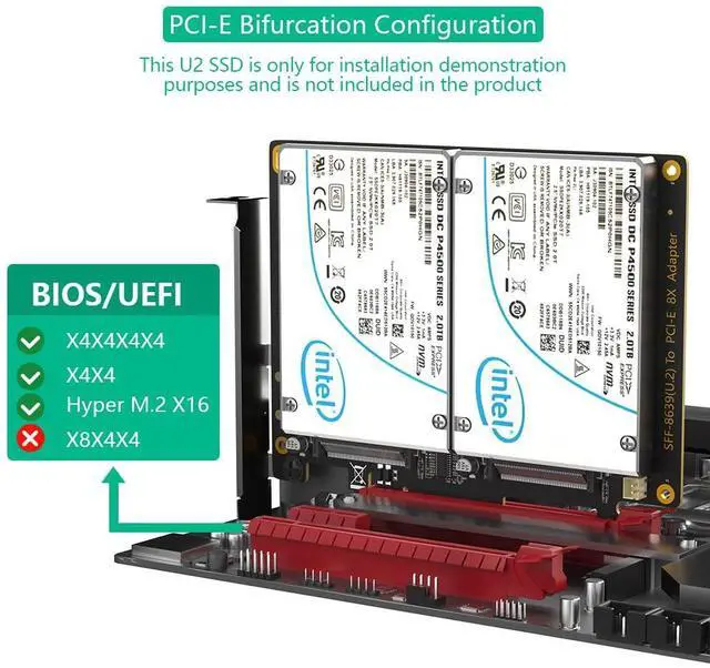 Alt view image 5 of 5 - Dual U.2 SSD to PCIe 4.0 X8 Adapter, Support 2 x U.2 SSD or Soft Raid, Without PCI-e Splitter Function (PCIe Bifurcation Motherboard is Required)