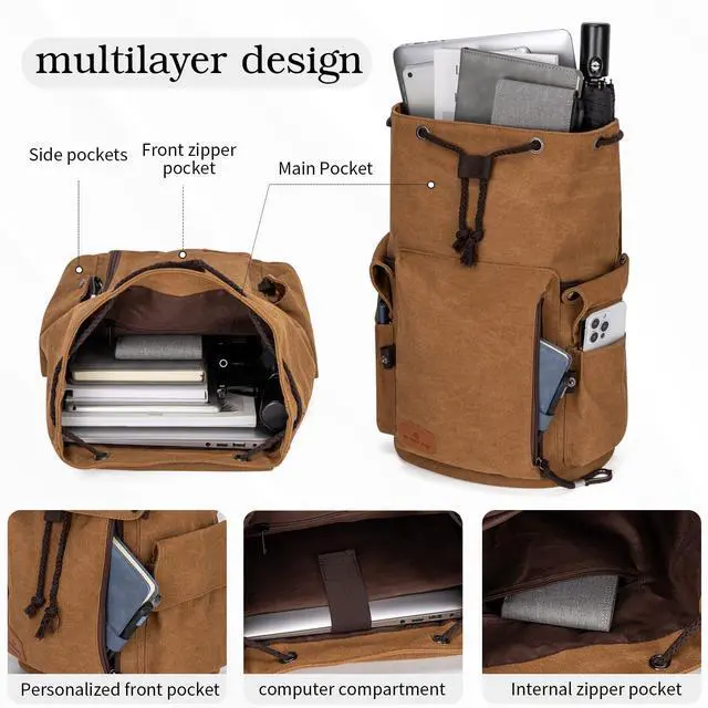 Alt view image 3 of 5 - GreenLovesPet Canvas Backpack, Vintage Backpack for Men and Women, 22L Backpacks for Travel Rucksack Fits 15 Inch Laptop (Coffee)