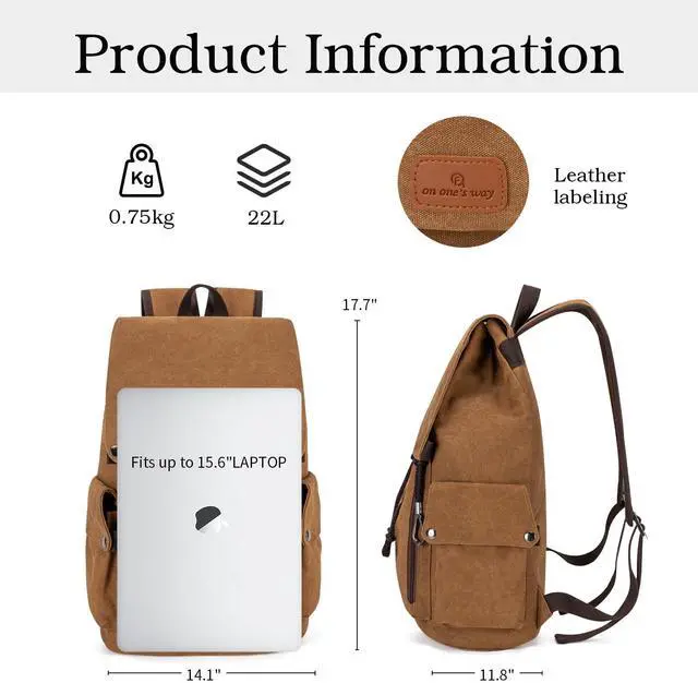 Alt view image 4 of 5 - GreenLovesPet Canvas Backpack, Vintage Backpack for Men and Women, 22L Backpacks for Travel Rucksack Fits 15 Inch Laptop (Coffee)