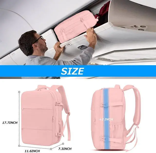 Alt view image 3 of 5 - Lovvento Air Vacuum Compression Travel Backpack: Expandable Carry On Bag Vacuum with Pump Fits 17.3inch Laptop for Women and Men - Suitable for Business and Work Waterproof (Pink)
